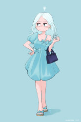 Rule 34 | 1girl, absurdres, artist name, asymmetrical clothes, bag, blonde hair, blue background, blue bow, blue dress, blue theme, bow, commentary, dated, dress, earrings, english commentary, full body, hand on own hip, handbag, highres, holding, holding bag, jewelry, kyu-bum lee, looking to the side, medium hair, original, sandals, shadow, signature, simple background, single earring, skull earrings, solo