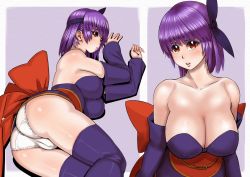 Rule 34 | 1girl, ass, ayane (doa), blush, breasts, brown eyes, cleavage, dead or alive, detached sleeves, dress, headband, large breasts, lying, on side, open mouth, panties, purple hair, purple thighhighs, ribbon, short hair, tecmo, thighhighs, underwear, white panties, zenkou