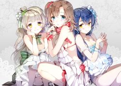 Rule 34 | 10s, 3girls, bare shoulders, blue eyes, blue hair, blush, bow, bracelet, breasts, brown hair, cleavage, cocorip, dress, flower, hair bow, hair flower, hair ornament, hair ribbon, hand on own cheek, hand on own face, jewelry, kosaka honoka, lace, long hair, looking at viewer, love live!, love live! school idol project, medium breasts, minami kotori, multiple girls, panties, pantyshot, parted lips, ribbon, short hair, side ponytail, silver hair, sitting, small breasts, smile, sonoda umi, squatting, steepled fingers, striped ribbon, underwear, yellow eyes