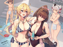 Rule 34 | 4girls, ahoge, amatsukaze (kancolle), anger vein, arm on another&#039;s shoulder, artist name, bandaid, bandaids on nipples, bikini, blue eyes, bottle, breasts, brown hair, cleavage, covered erect nipples, crossed arms, dated, embarrassed, enemy lifebuoy (kancolle), grey hair, hair tubes, highres, himeyamato, holding, holding bottle, holding stick, iowa (kancolle), kantai collection, large breasts, loincloth, long hair, multiple girls, navel, one-piece swimsuit, open mouth, partially submerged, pasties, ramune, red eyes, red one-piece swimsuit, side-tie bottom, star (symbol), stick, striped bikini, striped clothes, swimsuit, thumbs up, topless, two side up, white loincloth, yamato (kancolle), yukikaze (kancolle)
