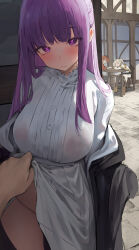 Rule 34 | 2boys, 2girls, absurdres, blush, breasts, closed mouth, clothes lift, dress, dress lift, fern (sousou no frieren), frieren, grey hair, highres, large breasts, leviathan (hikinito0902), long hair, long sleeves, looking at viewer, multiple boys, multiple girls, no panties, outdoors, purple eyes, purple hair, red hair, sitting, sleeves past fingers, sleeves past wrists, solo focus, sousou no frieren, stark (sousou no frieren), thighs