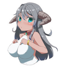 Rule 34 | 1girl, blush, breasts, green eyes, horns, large breasts, long hair, looking at viewer, simple background, solo, umibocchi, white background