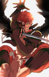 Rule 34 | 1boy, absurdres, bare pectorals, barefoot, black wings, emiya shirou, falling feathers, fate/grand order, fate (series), feathered wings, feathers, half mask, highres, holding, holding sword, holding weapon, japanese clothes, kamigokuin, male focus, mask, official alternate costume, orange pants, pants, pectorals, red hair, senji muramasa (fate), short hair, shrug (clothing), solo, sword, toned, toned male, weapon, white background, wings, yellow eyes
