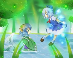 Rule 34 | 2girls, ankle socks, arms behind back, bad id, bad pixiv id, blue eyes, blue hair, blush, cirno, clenched hands, dress, drill hair, eye contact, fairy, fins, flying, forest, grass, green eyes, hands on own chest, head fins, ice, ice wings, japanese clothes, kimono, lake, light particles, light rays, long sleeves, looking at another, mermaid, monster girl, multiple girls, nature, obi, open mouth, partially submerged, profile, ribbon, sash, short hair, short sleeves, socks, sunbeam, sunlight, tanikake yoku, touhou, wakasagihime, wide sleeves, wings
