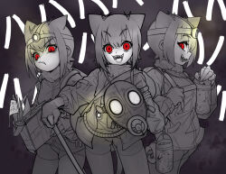 Rule 34 | 3girls, animal ears, arai-san mansion, backpack, bag, book, cage, clone, commentary, contrapposto, cowboy shot, crazy smile, empty eyes, fingerless gloves, fingernails, fur-trimmed jacket, fur collar, fur trim, gas mask, giant otter (kemono friends) (kuro (kurojill)), gloves, greyscale, handle, headlamp, highres, holding, holding book, holding cage, jacket, kemono friends, laughing, long fingers, looking at viewer, map, mask, monochrome, mouse (animal), multiple girls, no pants, open book, otter ears, otter girl, otter tail, profile, red eyes, scowl, sharp fingernails, sharp teeth, short hair, shoulder strap, sideways glance, slit pupils, smile, spot color, standing, tail, tape, teeth, thighhighs, underwear, unworn mask, v-shaped eyebrows, waa153, wide-eyed