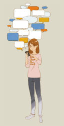 Rule 34 | 1girl, brown hair, cellphone, english text, full body, holding, holding phone, medium hair, original, phone, pink shirt, shirt, simple background, smartphone, solo, speech bubble, standing, taro.y