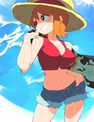 Rule 34 | 1girl, aetherion, blue shorts, breasts, cleavage, cosplay, crop top, denim, denim shorts, flag, hand in pocket, hat, highres, holding, holding flag, jolly roger, midriff, monkey d. luffy, monkey d. luffy (cosplay), nami (one piece), navel, official alternate costume, one piece, orange hair, red eyes, red shirt, scar, scar on face, shirt, short hair, short shorts, shorts, sleeveless, sleeveless shirt, solo, straw hat, straw hats jolly roger