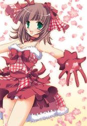 Rule 34 | 00s, 1girl, :d, amami haruka, bare shoulders, blush, bow, breasts, brown hair, cherry gingham, cleavage, cute &amp; girly (idolmaster), dress, gloves, green eyes, hair bow, hinata momo, idolmaster, idolmaster (classic), idolmaster 1, open mouth, outstretched arm, panties, petals, smile, solo, underwear