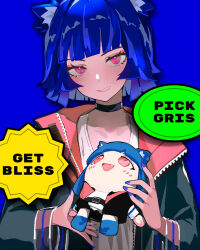 Rule 34 | 1girl, :d, animal ear fluff, animal ears, belt, belt buckle, black belt, black choker, black jacket, blue background, blue hair, blue nails, blunt bangs, buckle, character doll, character name, choker, english text, eyebrows hidden by hair, gris (vertigris), hands up, holding, holding stuffed toy, jacket, looking at viewer, medium hair, open clothes, open jacket, open mouth, original, red eyes, septoleaf, shirt, simple background, smile, solo, stuffed toy, teeth, upper body, white shirt