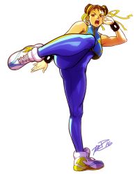 Rule 34 | 1girl, alternate costume, bad id, bad tumblr id, brown hair, capcom, chun-li, double bun, fighting stance, hair bun, hair ribbon, highres, looking at viewer, open mouth, ribbon, robaato, shoes, sneakers, solo, street fighter, street fighter zero (series), studded bracelet