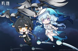 2girls aircraft antenna_hair armlet bandaged_arm bandages bare_shoulders black_dress black_footwear black_gloves black_hair blue_hair blue_veil chibi chibi_only chinese_commentary colored_inner_hair commentary_request copyright_notice dress elbow_pads female_rover_(wuthering_waves) glider gloves hair_ornament hairclip highres jewelry logo long_hair looking_ahead looking_at_another midair multicolored_hair multiple_girls nebula night night_sky official_art pangu_terminal_(wuthering_waves) pointing pointing_forward rover_(wuthering_waves) sky sleeveless sleeveless_dress space tacet_discord_(wuthering_waves) the_shorekeeper_(wuthering_waves) two-tone_veil veil white_dress white_hair white_veil wuthering_waves yellow_eyes