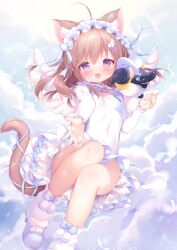 Rule 34 | 1girl, :d, animal, animal ear fluff, animal ears, bird, blue footwear, blue sky, blush, breasts, brown hair, cat ears, cat girl, cat tail, cloud, commentary request, covered navel, day, dress, frilled dress, frills, hair between eyes, hat, long hair, long sleeves, looking at viewer, open mouth, original, outstretched arm, penguin, piyodera mucha, purple eyes, shoes, sky, small breasts, smile, socks, solo, sunlight, tail, top hat, white dress, white hat, white socks, wing hair ornament