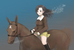 Rule 34 | 1girl, blush, boots, breath, commentary request, fog, genderswap, girls und panzer, horse, horseback riding, imperial japanese army, iwo jima, jupiter (horse), letters from iwo jima, military, military uniform, name connection, nishi kinuyo, nishi takeichi, ocean, pei page, real life, riding, shore, skirt, uniform, water, waves, world war ii