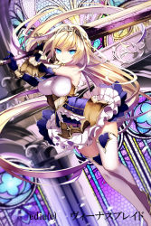 Rule 34 | &gt;:(, 1girl, armor, armored dress, bare shoulders, blonde hair, blue dress, blue eyes, blue gloves, bracelet, breasts, closed mouth, copyright name, copyright request, dress, dutch angle, elbow gloves, elbow pads, floating hair, frown, gloves, hairband, highres, holding, holding sword, holding weapon, huge weapon, jewelry, large breasts, long hair, looking at viewer, official art, original, serious, short dress, solo, stained glass, sword, thighhighs, v-shaped eyebrows, very long hair, weapon, white thighhighs, yuuki kira