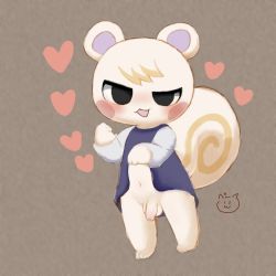 Rule 34 | 1boy, :3, animal crossing, animal ears, black eyes, blush, blush stickers, bottomless, clothes lift, feet, flaccid, foreskin, full body, furry, furry male, half-closed eye, heart, highres, lifted by self, long sleeves, male focus, marshal (animal crossing), navel, nintendo, open mouth, peeroopee, penis, shirt lift, short hair, smile, solo, squirrel, squirrel ears, squirrel tail, standing, tail, testicles, uncensored, very short hair, white fur