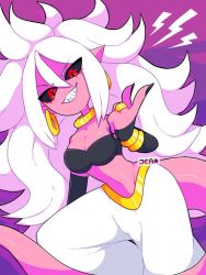 Rule 34 | 1girl, android 21, black sclera, black shirt, bracelet, breasts, choker, cleavage, collarbone, colored sclera, colored skin, detached sleeves, dragon ball, dragon ball fighterz, earrings, fangs, grin, jewelry, long hair, long sleeves, majin android 21, medium breasts, midriff, navel, pants, pink skin, pointy ears, purple background, red eyes, ring, shirt, smile, sprayjea, strapless, tail, tube top, v, white hair, white pants