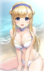 Rule 34 | 1girl, beach, bikini, blonde hair, breasts, cleavage, collarbone, day, double bun, fletcher (kancolle), hair bun, hair ornament, highres, kantai collection, kodama (mmt uf), large breasts, long hair, looking at viewer, official alternate costume, purple eyes, sand, sitting, smile, solo, star (symbol), star hair ornament, swimsuit, wariza, water, white bikini