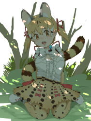 Rule 34 | 1girl, animal ears, belt, boots, bow, bowtie, brown eyes, brown hair, cat ears, cat girl, cat tail, extra ears, highres, kemono friends, kemono friends v project, kneehighs, large-spotted genet (kemono friends), long hair, looking at viewer, microphone, ribbon, shirt, skirt, socks, solo, suspenders, tail, twintails, virtual youtuber, y0whqzz8bkslezl