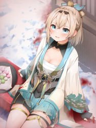 Rule 34 | 1girl, absurdres, aqua eyes, bench, black gloves, blonde hair, blood, blood on clothes, blood on face, blood on snow, blood splatter, blush, breasts, chest sarashi, cleavage, commentary request, cowboy shot, dango, fingerless gloves, food, gloves, hair ribbon, haori, highres, hololive, japanese clothes, kazama iroha, long sleeves, looking at viewer, medium breasts, medium hair, parted lips, pepushi drow, pleated skirt, ponytail, ribbon, sanshoku dango, sarashi, sitting, skirt, smile, snow, solo, thighhighs, virtual youtuber, wagashi, white thighhighs, yandere