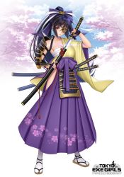 Rule 34 | &gt;:(, 1girl, armor, blush, bow, breasts, cleavage, collarbone, eyepatch, full body, hair bow, hakama, hakama skirt, high ponytail, highres, hip vent, holding, holding sword, holding weapon, japanese armor, japanese clothes, katana, large breasts, long hair, looking at viewer, official art, re:shimashima, red eyes, sarashi, sheath, skirt, solo, standing, sword, tokyo exe girls, unsheathing, v-shaped eyebrows, very long hair, weapon, wide sleeves