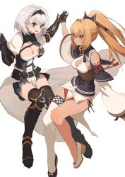 Rule 34 | 2girls, absurdres, armored boots, black legwear, black panties, blonde hair, boots, breasts, cleavage, cleavage cutout, closed mouth, clothing cutout, dark-skinned female, dark skin, detached sleeves, elf, full body, gauntlets, gradient hair, green eyes, hair ribbon, high heels, highres, holding hands, hololive, large breasts, long hair, looking at another, mole, mole on breast, multicolored hair, multiple girls, open mouth, orange eyes, panties, pelvic curtain, pleated skirt, pointy ears, ponytail, ribbon, rui (1079069837), shiranui flare, shiranui flare (old design), shirogane noel, shirogane noel (1st costume), short hair, silver hair, single thighhigh, skirt, smile, thighhighs, underwear, virtual youtuber, white legwear