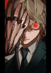 Rule 34 | 1boy, black jacket, black necktie, blonde hair, chain, closed mouth, collared shirt, formal, hand in own hair, highres, hunter x hunter, jacket, jewelry, kurapika, looking at viewer, maaroso 09, male focus, multiple rings, necktie, red eyes, ring, shirt, short hair, solo, suit, suit jacket, white shirt