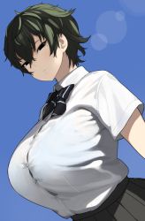 Rule 34 | 1girl, accio, bad id, bad pixiv id, black eyes, black hair, black skirt, blue background, bow, bowtie, bra visible through clothes, breasts, buttons, collared shirt, commentary request, expressionless, highres, huge breasts, looking at viewer, mole, mole under eye, original, pleated skirt, school uniform, shirt, shirt tucked in, short hair, short sleeves, simple background, skirt, solo, striped bow, striped bowtie, striped clothes, striped neckwear, upper body, white shirt