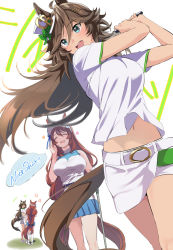 Rule 34 | +++, 2girls, alternate costume, animal ears, belt, blouse, blue skirt, blush, breasts, brown hair, closed eyes, english text, floating hair, golf club, green eyes, hair ornament, hairclip, hand up, hat, holding, holding golf club, horse ears, horse girl, horse tail, large breasts, long hair, maruzensky (umamusume), medium breasts, mini hat, mini top hat, miniskirt, misu kasumi, mr. c.b. (umamusume), multiple girls, multiple views, navel, open mouth, pleated skirt, shirt, short sleeves, shorts, skirt, sleeveless, sleeveless shirt, smile, solo focus, speech bubble, standing, tail, top hat, umamusume, visor cap, white shirt, white shorts