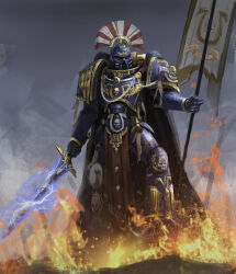 Rule 34 | 1boy, adeptus astartes, aquila (symbol), armor, banner, blue armor, commentary, english commentary, fire, gold trim, highres, holding, holding banner, holding sword, holding weapon, nn128841, pauldrons, power armor, power sword, purity seal, science fiction, shoulder armor, solo, sword, ultramarines, warhammer 40k, weapon