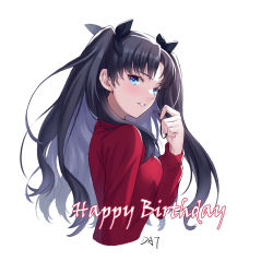 Rule 34 | 1girl, aqua eyes, black hair, black ribbon, blush, da-cart, fate/stay night, fate (series), hair ribbon, happy birthday, highres, long hair, ribbon, simple background, solo, sweater, tohsaka rin, twintails, two side up, white background