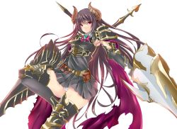 Rule 34 | 10s, 1girl, armor, belt, belt pouch, boots, bow, bowtie, breastplate, brown hair, draph, forte (shingeki no bahamut), granblue fantasy, hikareru2000, horns, lance, long hair, panties, pantyshot, pauldrons, polearm, pouch, red eyes, red scarf, rihito akane, scarf, shingeki no bahamut, shoulder armor, skirt, solo, standing, thigh boots, thighhighs, underwear, weapon