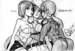 Rule 34 | 3girls, alex ahad, ass, beret, bodysuit, breast press, breasts, cleavage, clothes around waist, girl sandwich, greyscale, hat, hug, jill valentine, large breasts, long hair, miniskirt, monochrome, multiple girls, multiple persona, ponytail, resident evil, resident evil 3, resident evil 3: nemesis, resident evil 5, sandwiched, short hair, shoulder pads, signature, sketch, skirt, strapless, sweater, sweater around waist, time paradox, traditional media
