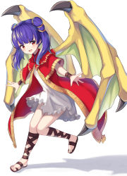 Rule 34 | 1girl, :d, absurdres, blush, commentary, dragon wings, dress, fire emblem, fire emblem: the sacred stones, full body, hako momiji, highres, long hair, looking at viewer, myrrh (fire emblem), nintendo, open mouth, purple hair, red dress, red eyes, sandals, shadow, short dress, simple background, smile, solo, twintails, white background, white dress, wings, wristband