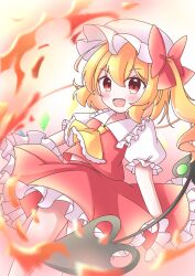 Rule 34 | 1girl, :d, absurdres, ako oekaki, ascot, blonde hair, blurry, blush, bow, cowboy shot, dot nose, fang, fire, flandre scarlet, frilled ascot, frilled hat, frilled shirt collar, frilled skirt, frilled sleeves, frills, hair between eyes, hashtag-only commentary, hat, hat bow, highres, laevatein (touhou), long hair, looking at viewer, midriff peek, mob cap, open mouth, puffy short sleeves, puffy sleeves, red bow, red eyes, red skirt, red vest, shirt, short sleeves, skirt, smile, solo, split mouth, standing, touhou, upskirt, vest, white hat, white shirt, wings, yellow ascot