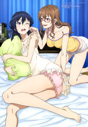 Rule 34 | 2girls, absurdres, artist request, bare shoulders, barefoot, bed, black hair, blouse, blue eyes, blush, book, bookshelf, braid, breasts, brown eyes, brown hair, cheek poking, cleavage, collarbone, curtains, dolphin shorts, frills, glasses, highres, hugging object, kohiruimaki karen, large breasts, lingerie, long hair, lying, micro shorts, multiple girls, negligee, on side, one eye closed, open mouth, pillow, pillow hug, pink-framed eyewear, poking, shinohara miyu (sao), shirt, short hair, short shorts, shorts, sideways mouth, sleeveless, strap slip, striped clothes, striped shirt, sword art online, sword art online alternative: gun gale online, underwear