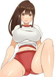 Rule 34 | 1girl, bad id, bad pixiv id, breasts, brown eyes, brown hair, buruma, gym uniform, impossible clothes, large breasts, long hair, midriff, mo-fu, navel, original, ponytail, shirt, simple background, sitting, solo, white background, white shirt