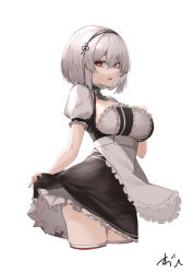Rule 34 | 1girl, azur lane, breasts, choker, clothes lift, from side, hair between eyes, headdress, highres, large breasts, looking at viewer, maid, oregano (olgn eao), parted lips, red eyes, short hair, short sleeves, simple background, sirius (azur lane), skirt, skirt lift, thighhighs, white background, white hair