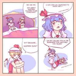 Rule 34 | 2girls, anger vein, bed, blanket, blonde hair, blue hair, bow, comic, english text, flandre scarlet, hat, hat bow, hat ribbon, highres, mob cap, multiple girls, puffy short sleeves, puffy sleeves, pun, red eyes, remilia scarlet, ribbon, short sleeves, siblings, side ponytail, sisters, touhou, wings, yoruny