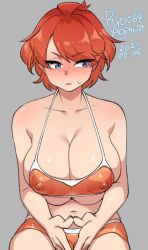 Rule 34 | 1girl, 2021, agawa ryou, bare shoulders, blue eyes, breasts, dated, covered erect nipples, freckles, grey background, huge breasts, looking down, original, puffy nipples, red hair, simple background, solo, sweatdrop, thighs