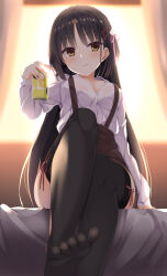 Rule 34 | 1girl, aria (koiiroharemoyou), arm support, backlighting, black hair, black thighhighs, bloom, blurry, blurry background, blush, breasts, brown eyes, brown skirt, cafe stella to shinigami no chou, can, cleavage, closed mouth, collared shirt, commentary, curtains, depth of field, dress shirt, earrings, feet, flower, hair flower, hair ornament, hair ribbon, hairclip, hand up, high-waist skirt, highres, holding, holding can, indoors, jewelry, knee up, knees together feet apart, legs, long hair, long sleeves, looking at viewer, medium breasts, mole, mole under eye, no shoes, on bed, pink ribbon, red ribbon, ribbon, ribbon-trimmed thighhighs, ribbon trim, rose, shiki natsume, shirt, sidelocks, sitting, skirt, smile, soles, solo, straight hair, stud earrings, sunlight, sunset, suspender skirt, suspenders, thighhighs, toes, very long hair, white flower, white rose, white shirt, window