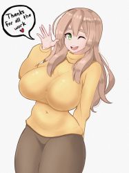 Rule 34 | 1girl, arm behind back, blush, borrowed character, breasts, brown hair, brown pants, commentary, english commentary, english text, film grain, green eyes, grey background, hair between eyes, highres, impossible clothes, impossible sweater, large breasts, long hair, long sleeves, looking at viewer, one eye closed, open mouth, original, pants, simple background, smile, solo, speech bubble, sweater, tagme, teeth, turtleneck, turtleneck sweater, upper teeth only, yellow sweater, young savage