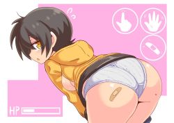 Rule 34 | 1girl, ass, backboob, bandaid, bent over, black hair, blush, breasts, breasts out, cougar (cougar1404), embarrassed, from behind, health bar, hood, hoodie, huge ass, leaning, leaning forward, looking at viewer, looking back, medium breasts, mole, mole on ass, nari (cougar1404), open mouth, original, panties, plaster, shiny skin, short hair, solo, tears, underwear, wedgie, yellow eyes