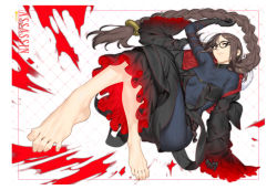 Rule 34 | 1girl, ass, azusa (hws), bare shoulders, barefoot, black eyes, black hair, blue bodysuit, bodysuit, bodysuit under clothes, breasts, breasts apart, commentary request, fate/grand order, fate (series), feet, frown, glasses, hip vent, long hair, looking at viewer, lying, no bra, no panties, on back, revealing clothes, solo, striped bodysuit, very long hair, yu mei-ren (fate), yu mei-ren (first ascension) (fate)