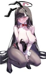 Rule 34 | 1girl, absurdres, animal ears, black footwear, black hair, black leotard, black pantyhose, blue archive, blush, bow, breasts, cleavage, collarbone, detached collar, fake animal ears, fingernails, full body, hair ornament, hairpin, halo, high heels, highres, jihua tong, large breasts, leotard, long hair, looking at viewer, open mouth, pantyhose, rabbit ears, red bow, red eyes, ringed eyes, rio (blue archive), simple background, solo, squatting, strapless, strapless leotard, white background, wrist cuffs