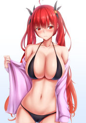 Rule 34 | 1girl, ahoge, alternate costume, azur lane, bikini, black bikini, black ribbon, blush, breasts, cleavage, closed mouth, collarbone, frown, gradient background, groin, hair ribbon, honolulu (azur lane), honolulu (summer accident?!) (azur lane), large breasts, long hair, looking at viewer, navel, off shoulder, red eyes, red hair, ribbon, simple background, skindentation, solo, stomach, swimsuit, tapisuke, thighs, twintails, undressing