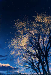 Rule 34 | absurdres, aerial fireworks, blue sky, branch, building, chinese commentary, cloud, evening, fireworks, highres, no humans, original, outdoors, power lines, scenery, sign, sky, skyrick9413, star (sky), tree
