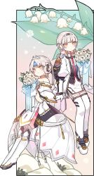 Rule 34 | 2girls, artist request, bare shoulders, boots, bouquet, braid, code: architecture (elsword), code: empress (elsword), crown hair ornament, dress, dual persona, elsword, eve (elsword), expressionless, facial mark, flower, forehead jewel, garter straps, grey hair, holding, holding bouquet, jacket, leaf, long sleeves, multiple girls, open clothes, open jacket, parted bangs, short dress, smile, thigh boots, white dress