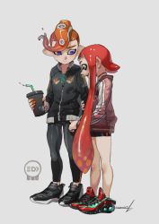 Rule 34 | 1boy, 1girl, arm grab, banonefans, bike shorts, black choker, black jacket, black leggings, black shorts, blue eyes, blunt bangs, choker, closed mouth, couple, cup, dated, disposable cup, fang, hetero, holding, holding cup, inkling, inkling girl, inkling player character, jacket, leggings, logo, long hair, looking at another, makeup, mascara, mask, mohawk, nintendo, no socks, octoling, octoling boy, octoling player character, open mouth, orange hair, pointing, pointy ears, red footwear, red hair, red jacket, shoes, short hair, short shorts, shorts, single vertical stripe, smile, sneakers, suction cups, tentacle hair, very long hair, zipper