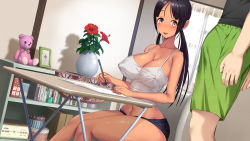 Rule 34 | 1boy, 1girl, aomizuan, bare arms, bare legs, bare shoulders, black hair, blush, bookshelf, breasts, bulge, chair, cleavage, covered erect nipples, erection, erection under clothes, flower, highres, holding, holding pencil, indoors, koumi-jima: shuu 7 de umeru mesu-tachi, large breasts, legs, long hair, navel, open mouth, original, pencil, pink eyes, short shorts, shorts, sitting, sleeveless, smile, solo focus, standing, stuffed animal, stuffed toy, swept bangs, table, tan, tank top, teddy bear, thighs, twintails, vase, white tank top, window, writing