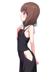 Rule 34 | 1girl, alternate costume, bare arms, bare shoulders, blush, breasts, brown eyes, brown hair, clothing cutout, cowboy shot, from side, hand up, highres, iino miko, kaguya-sama wa kokurasetai ~tensai-tachi no renai zunousen~, long hair, low twintails, moriforests, neck ribbon, red ribbon, ribbon, side cutout, simple background, small breasts, solo, twintails, white background